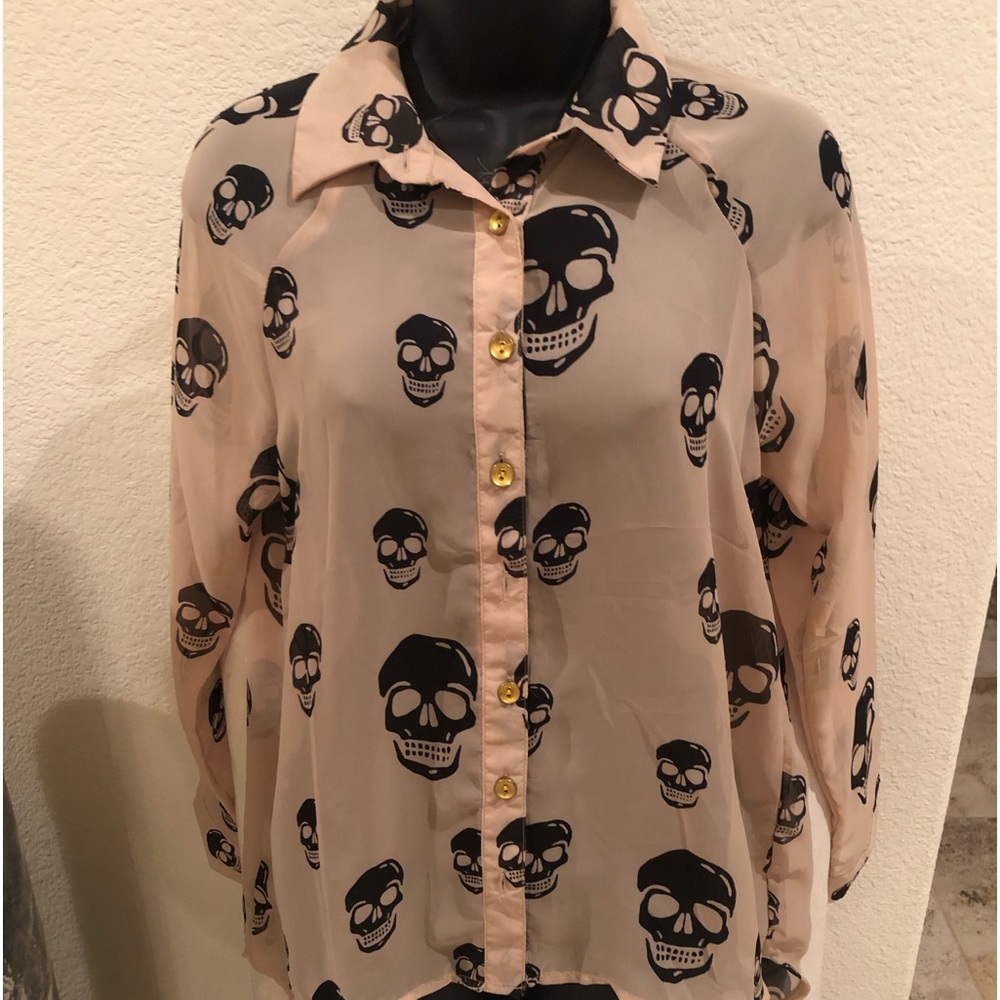 TAUPE & BLACK BLOUSE w/UNIQUE SKELETON PRINT!